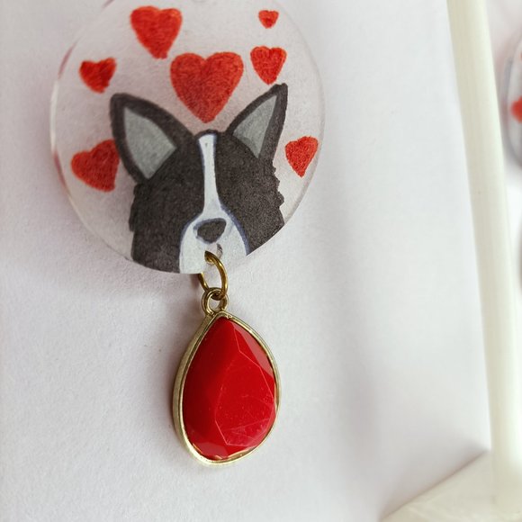 Handmade Dog Border Collie Bordercollie Earrings Rhinestone Handdrawn - Picture 3 of 3